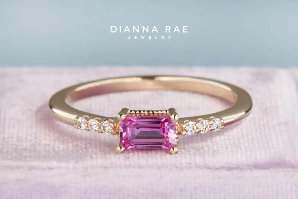 Yellow Gold Emerald Pink Sapphire Stackable Ring with Cubic Zirconia Accents