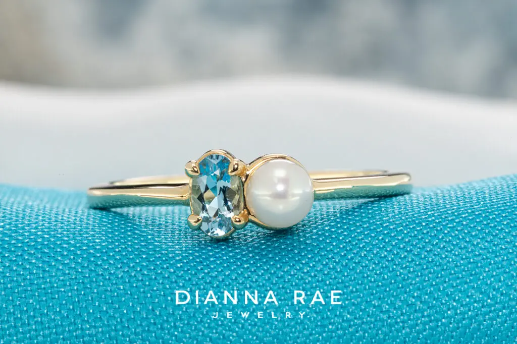 14K Yellow Gold Pearl and Aquamarine Two Stone Ring