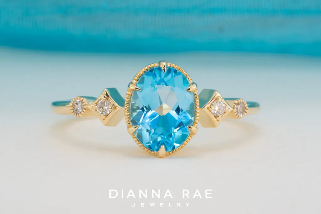 14K Yellow Gold Blue Topaz & Diamond Ring