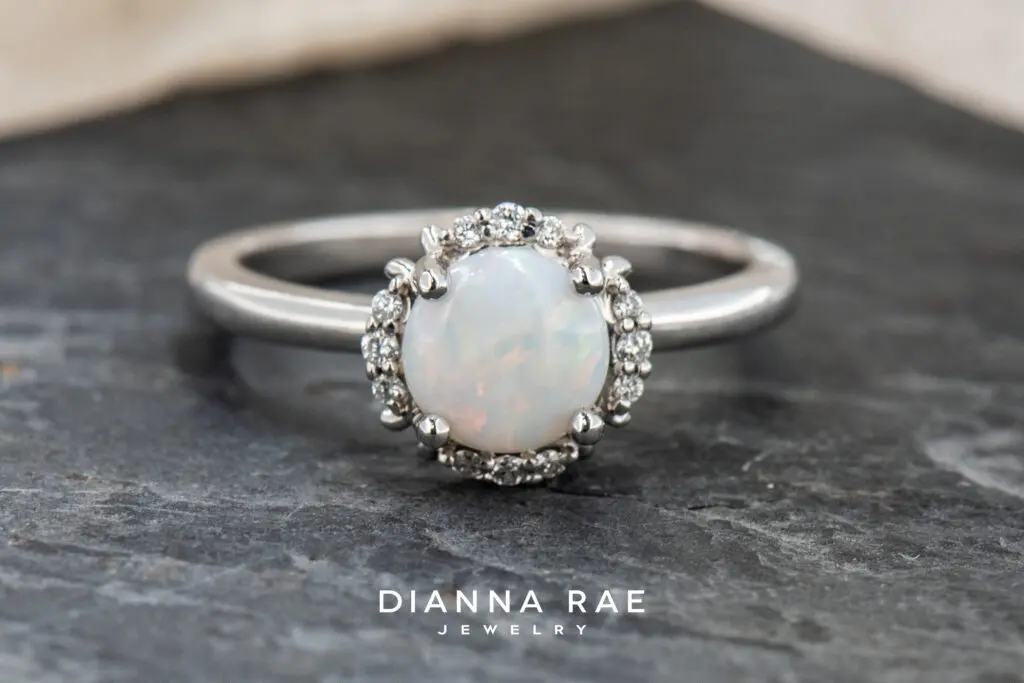 10K White Gold Opal and Lab Diamond Class Ring
