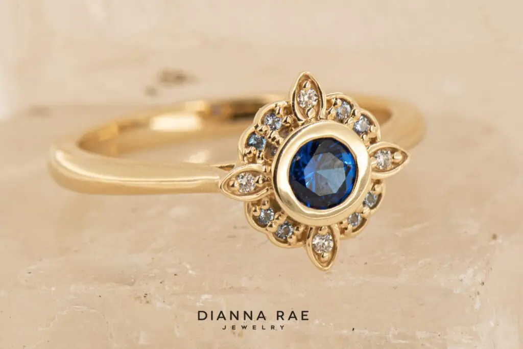 10K Yellow Gold Imitation Sapphire Ring with Aquamarine and Lab Diamond Accents