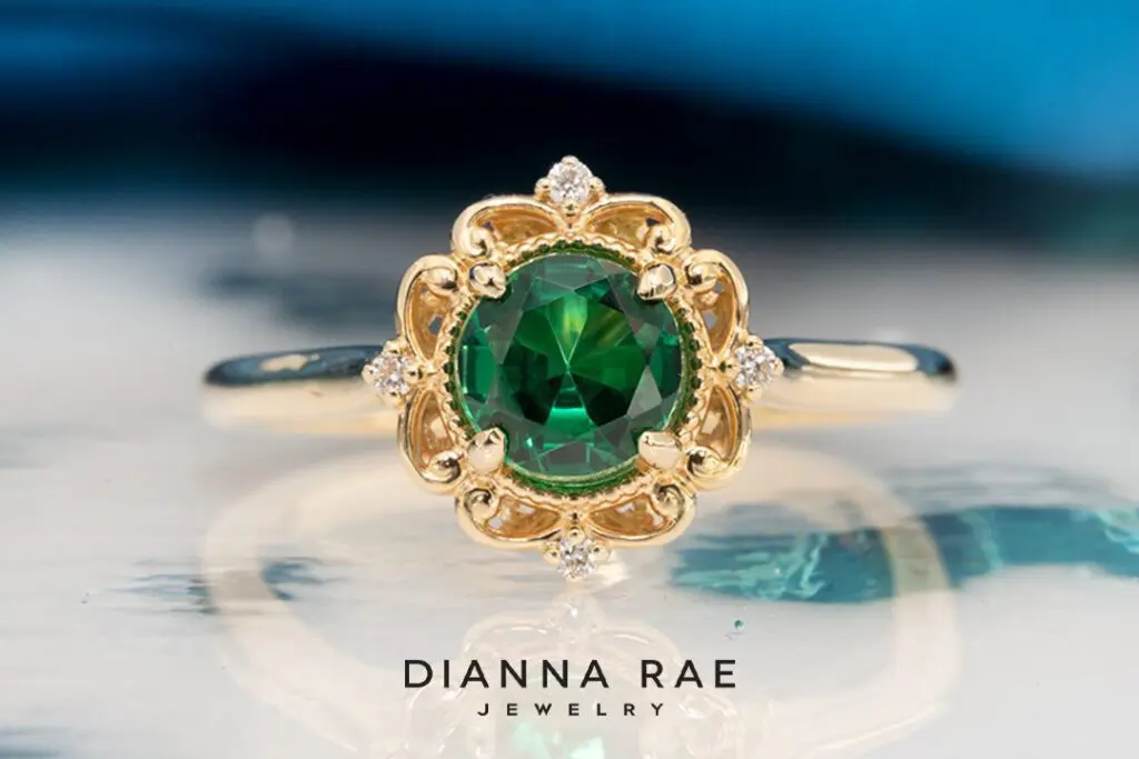 14K Yellow Gold Imitation Emerald Ring with Diamond Accents