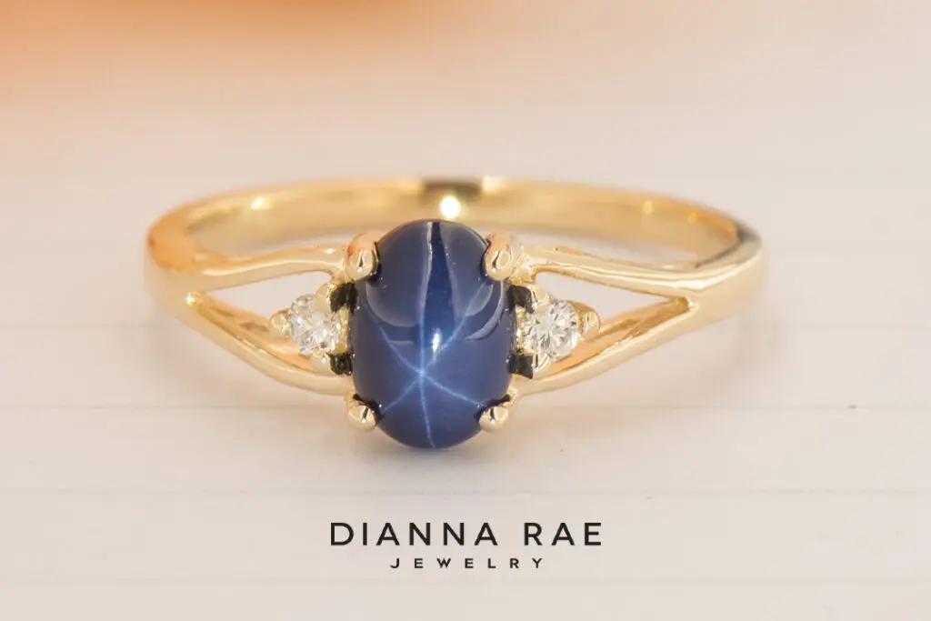 10K Yellow Gold Imitation Star Sapphire Ring with Lab Diamond Accents