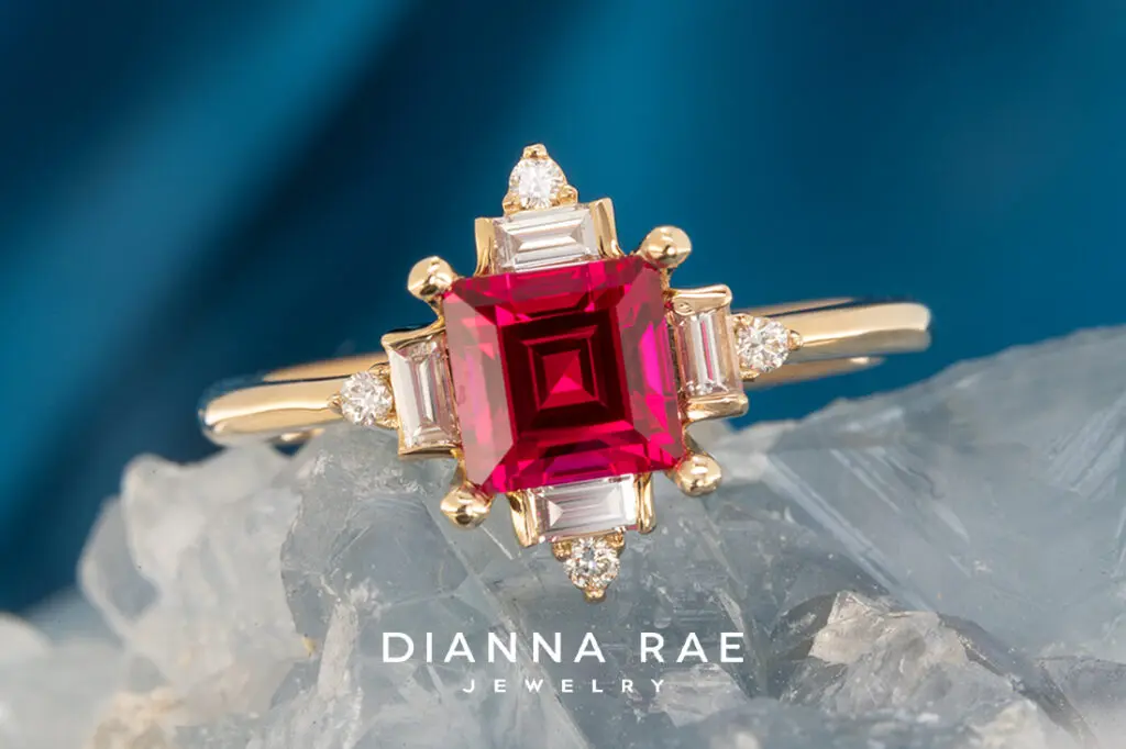 10K Yellow Gold Imitation Ruby Ring with Diamond Accents