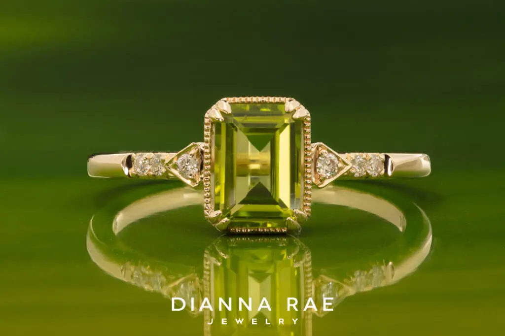 14K Yellow Gold Emerald Cut Peridot and Diamond Ring
