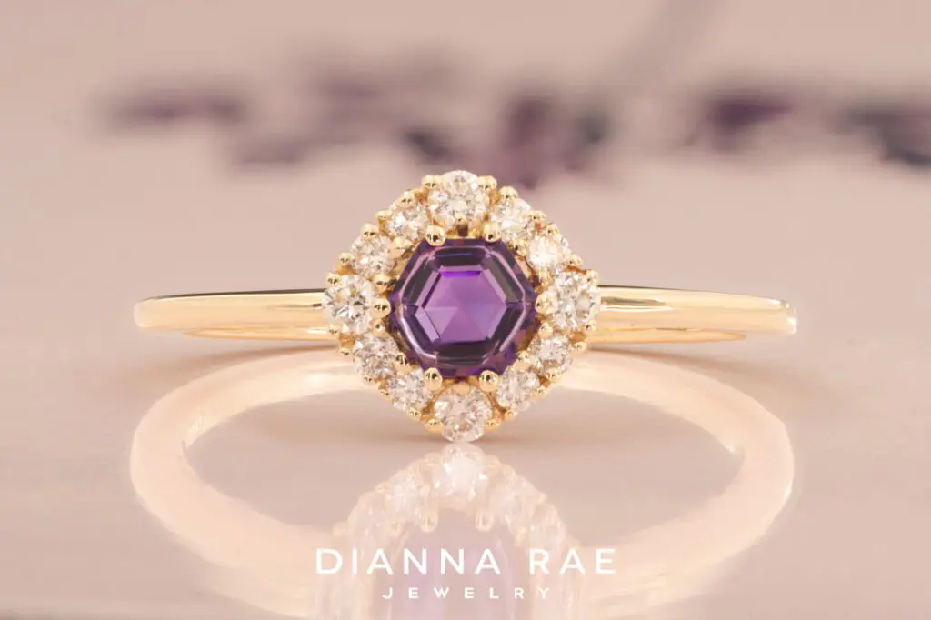 14K Yellow Gold Hexagon Amethyst with Diamond Halo