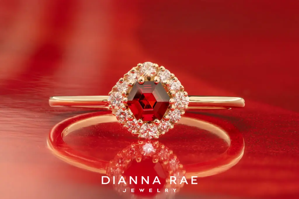 14K Yellow Gold Hexagon Garnet with Diamond Halo