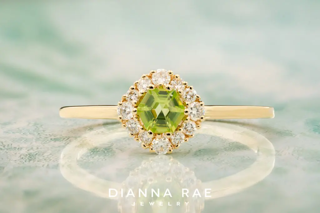 14K Yellow Gold Hexagon Peridot with Diamond Halo