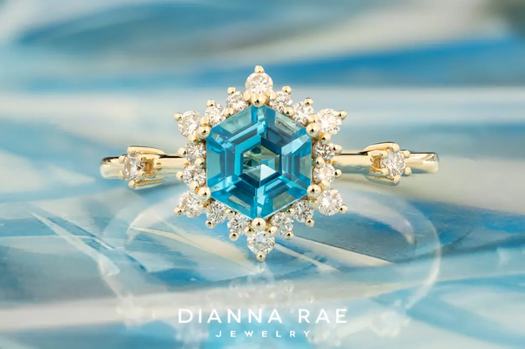 14K Yellow Gold Hexagon Blue Topaz with Diamond Accents
