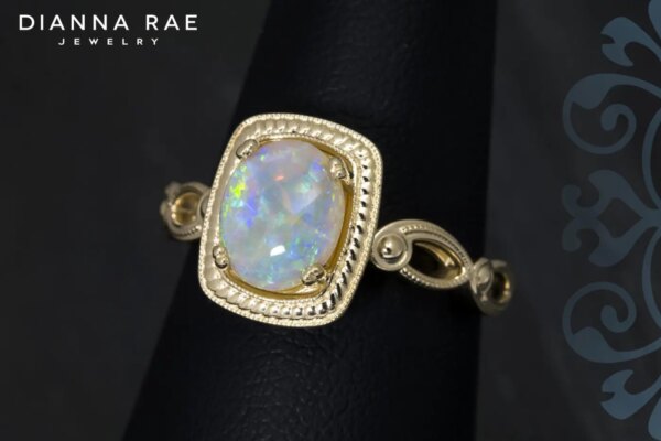 Yellow Gold Opal Rope Halo Ring