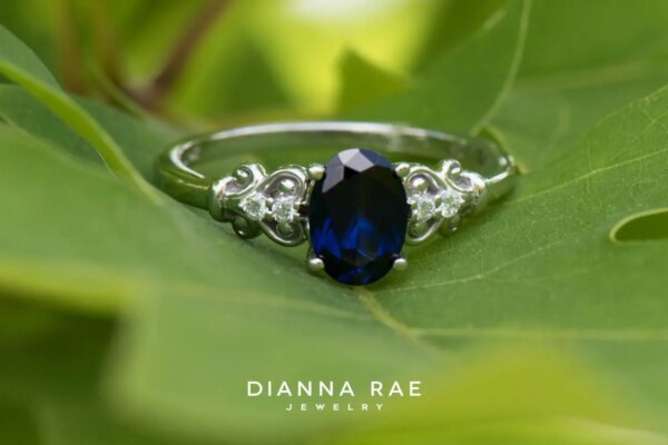 White Gold Oval Imitation Sapphire Scroll Ring