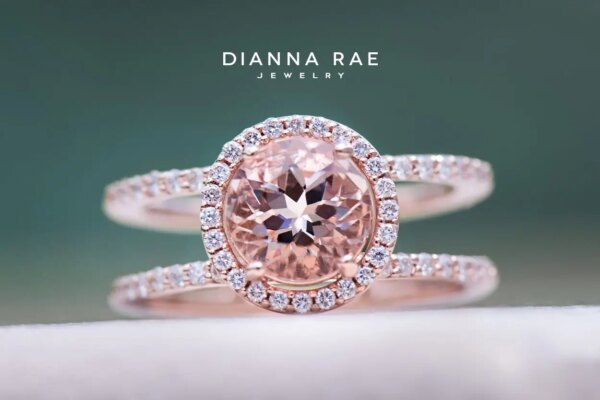 Rose Gold Round Morganite Halo Ring with Diamond Accented Double Shank