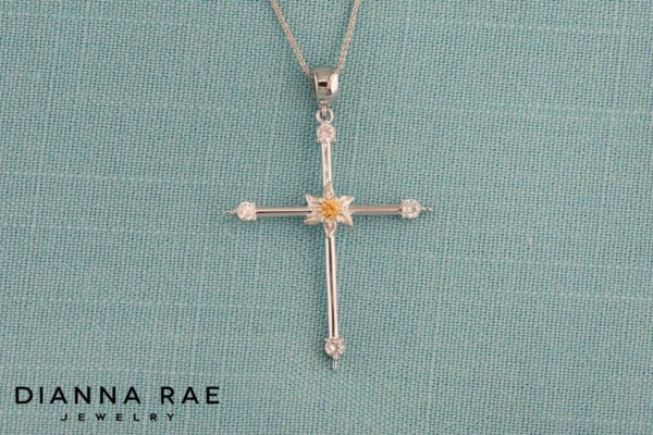 Cross Pendant with Diamond tips and Edelweiss Accent