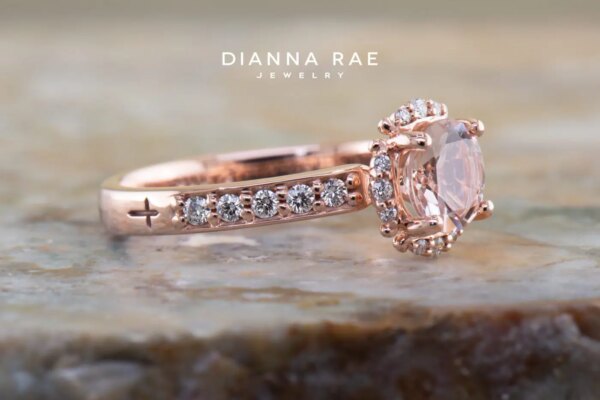 Rose Gold Morganite and Diamond Halo Ring with Diamond Band