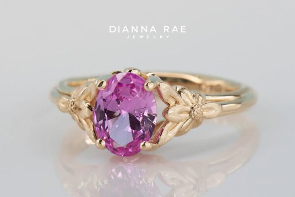 Yellow Gold Oval Imitation Pink Tourmaline Ring with Floral Accents