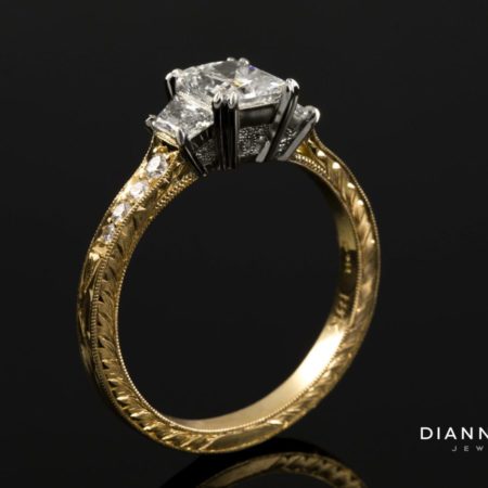 001-100-00085_DRJ_1051_Yellow-Gold-White-Gold-3-Stone-Vintage-Hand-Engraved-Diamond-Engagement-Ring_03-1-scaled