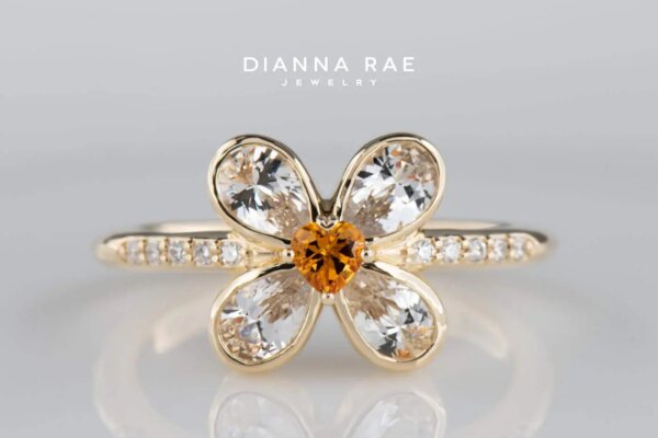 Yellow Gold Heart-Shaped Citrine White Sapphire Halo Ring with Round Diamond Accents