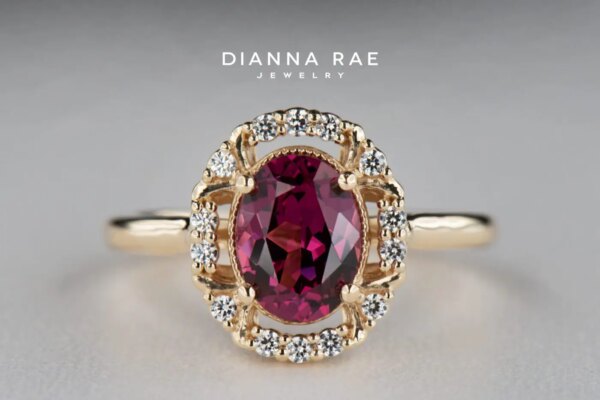 Yellow Gold Oval Rhodalite Garnet Halo Ring