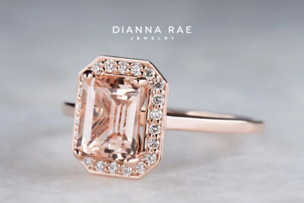 Rose Gold Emerald-Cut Morganite Halo Engagement Ring with Round Diamond Accents