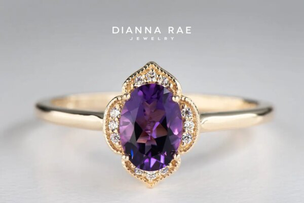Yellow Gold Oval Amethyst and CZ Floral Halo Ring