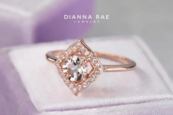 Rose Gold Round Peach Morganite Halo Ring with CZ Accents