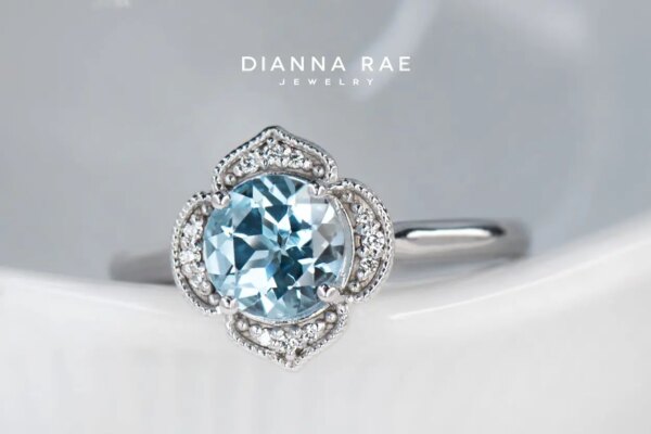 White Gold Round Sky Blue Topaz Halo Ring with CZ Accents