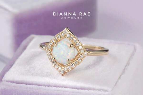 Yellow Gold Round Imitation Opal Halo Ring with Lab-Grown Diamond Accents