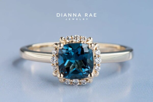 Yellow Gold Cushion London Blue Topaz Halo Ring