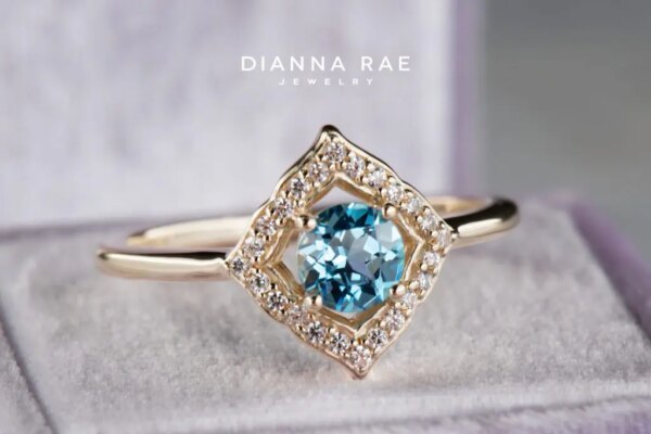 Yellow Gold Round Swiss Blue Topaz Halo Ring with Lab-Grown Diamond Accents