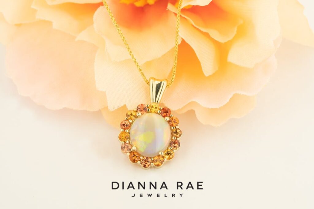 14kt Opal Pendant with Orange Sapphire Halo - Dianna Rae Jewelry