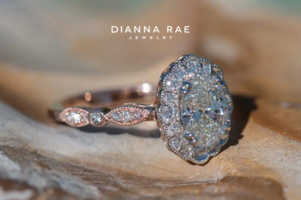 Magnolia Petal - Two Tone Rose/White Gold Oval Vintage Inspired Halo Engagement Ring