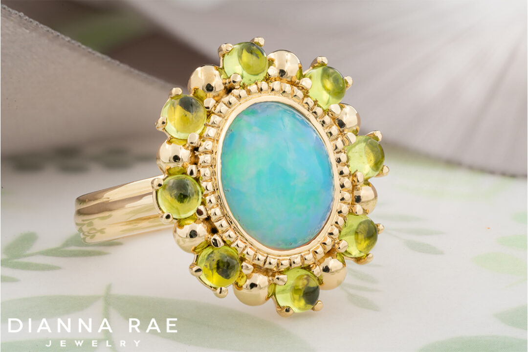 Ethiopian Opal Ring with Peridot Halo