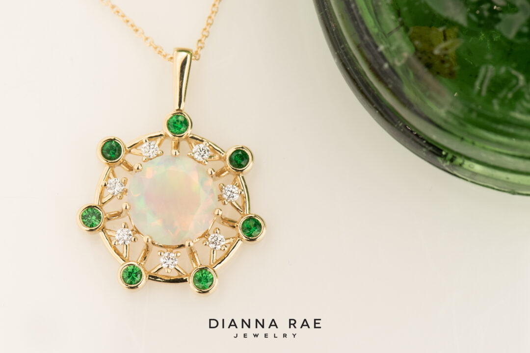 14k Yellow Gold Ethiopian Opal and Tsavorite Garnet Pendant - Image 2