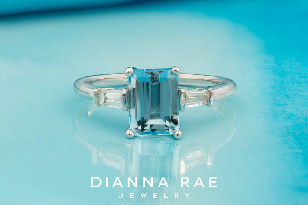 White Gold Aquamarine and Diamond Baguette Ring