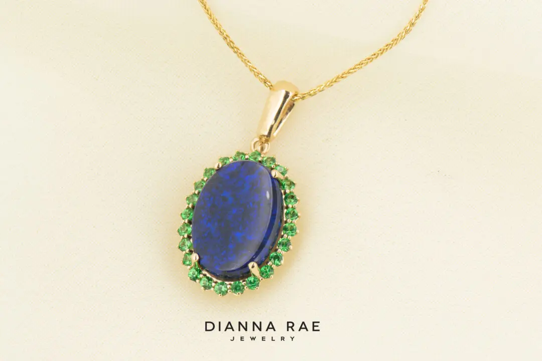 14k Yellow Gold Black Opal and Tsavorite Pendant