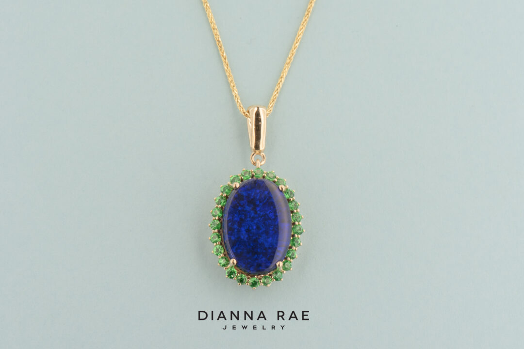 14k Yellow Gold Black Opal and Tsavorite Pendant - Image 3