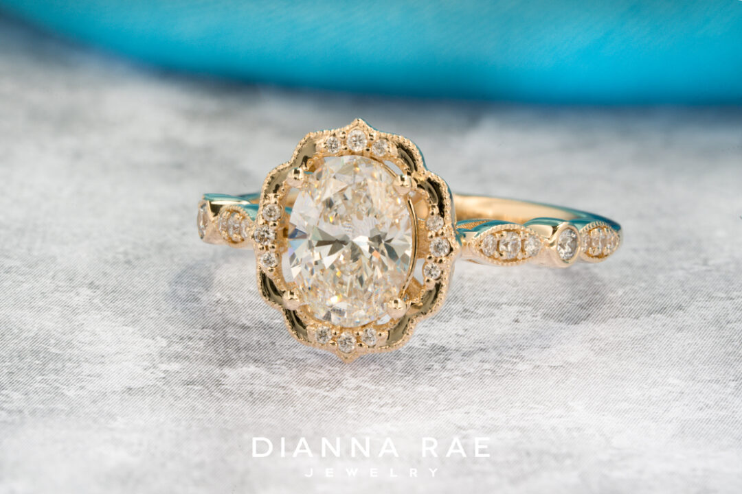 Daisy Blossom Petal - Yellow Gold Oval Halo Engagement Ring - Image 2