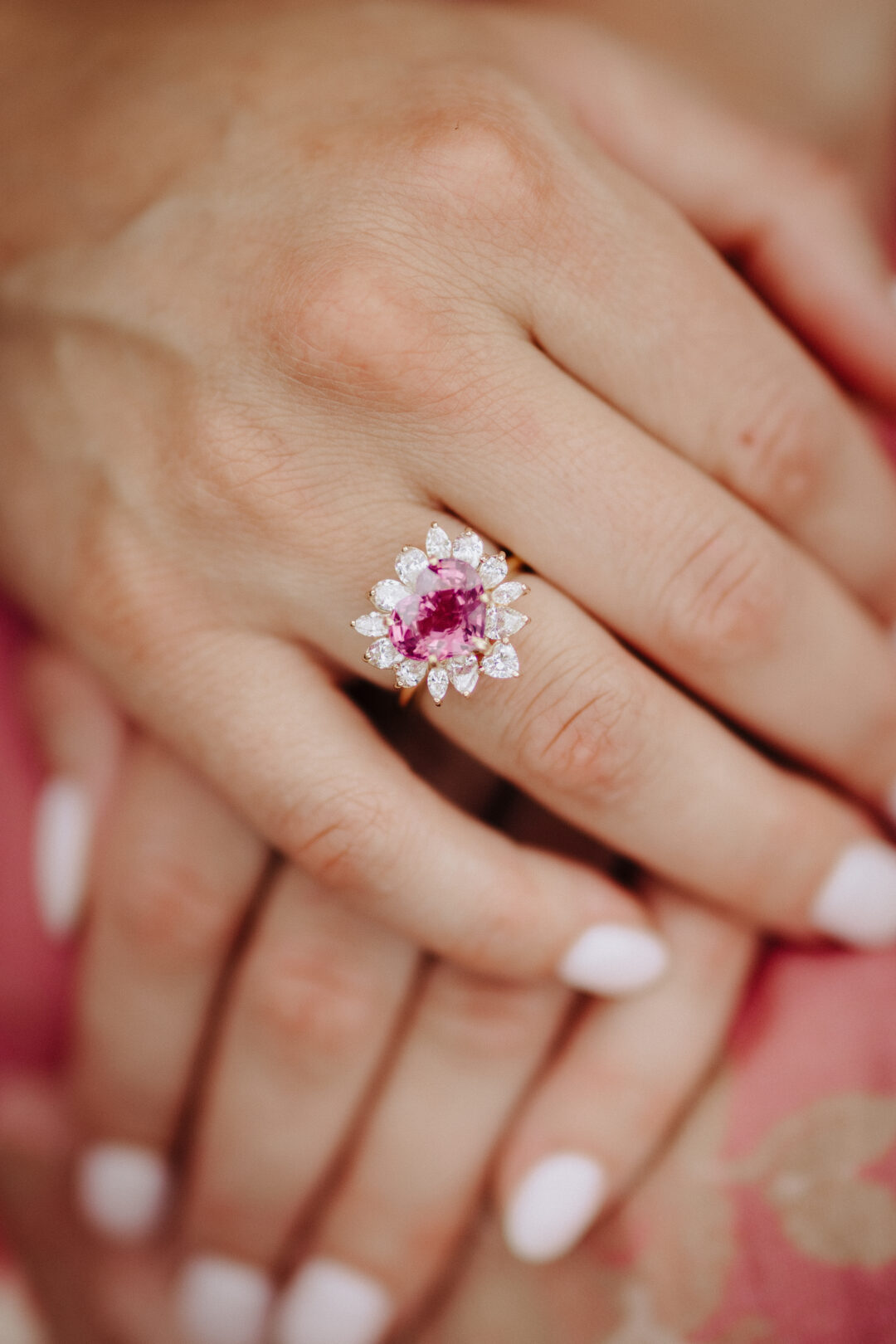 Heart Shaped Pink Spinel Ring With Diamond Halo - Image 7