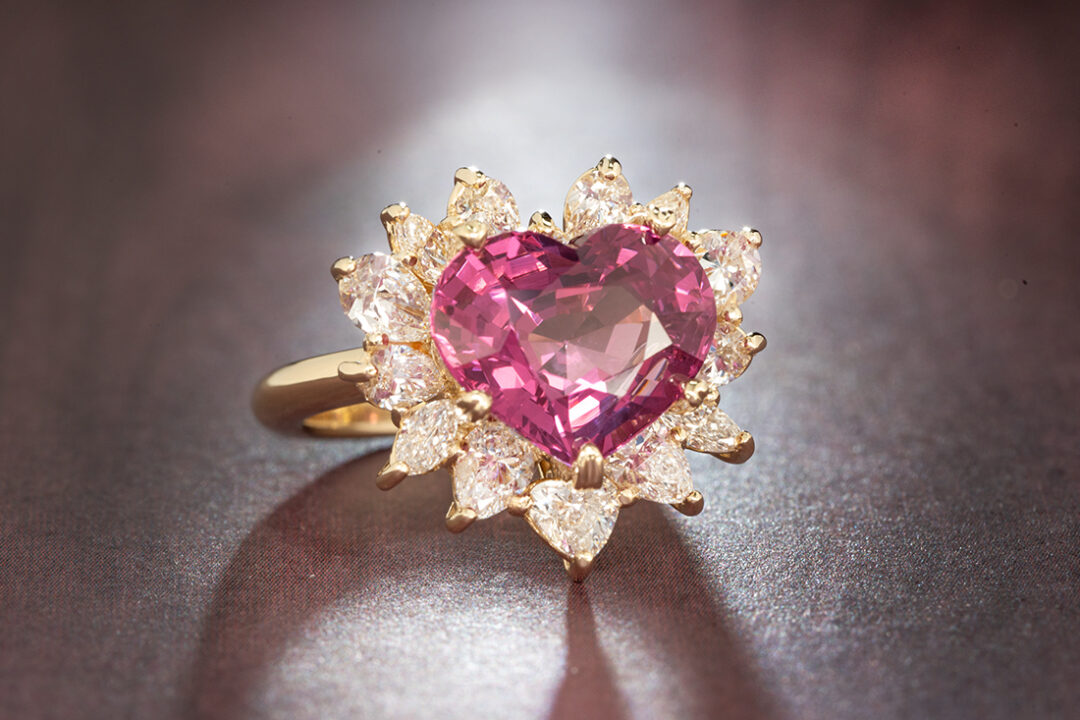 Heart Shaped Pink Spinel Ring With Diamond Halo - Image 3