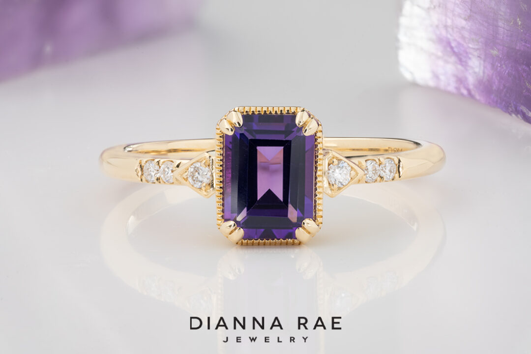 14K Yellow Gold Amethyst Ring with Diamond Accented Band