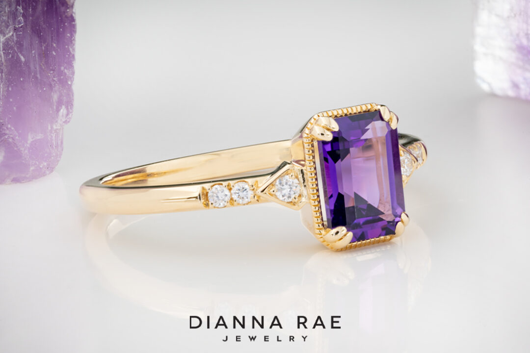 14K Yellow Gold Amethyst Ring with Diamond Accented Band - Image 2