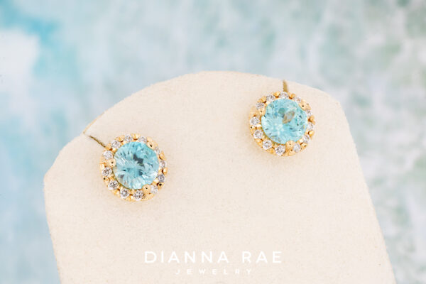 Blue Zircon Studs with Diamond Halo