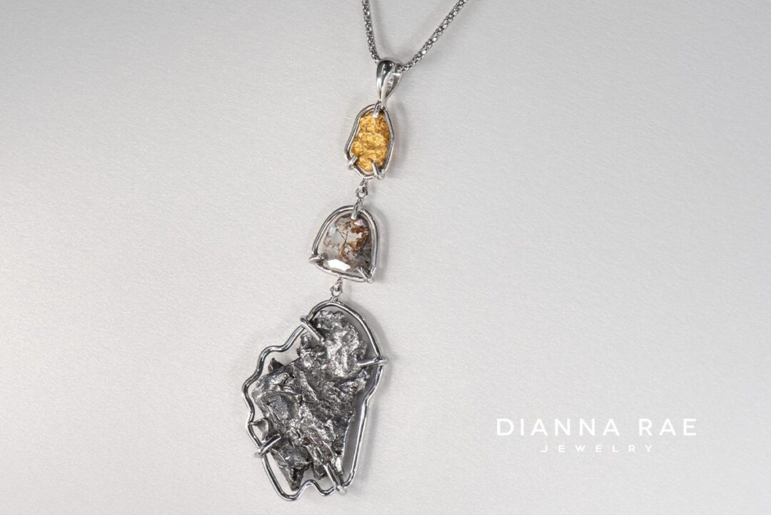 Elements Pendant - Platinum Meteorite Raw Diamond Slice and Gold Nugget Dangle Pendant