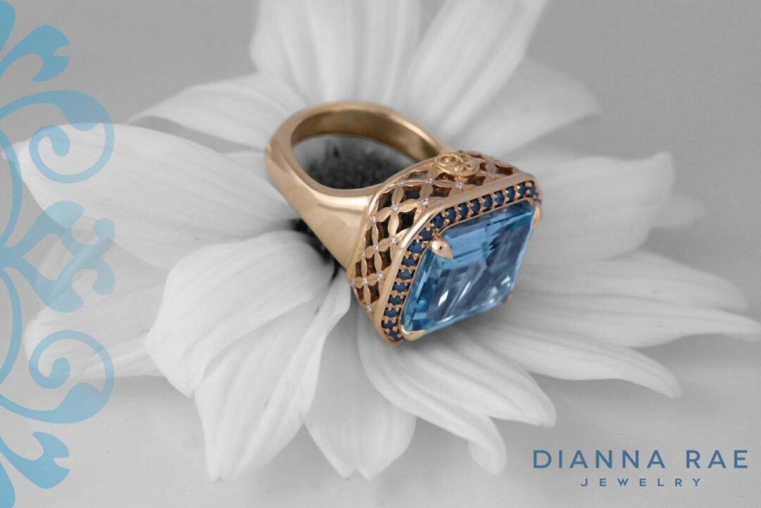 Yellow Gold Blue Topaz Blue Diamond Halo Ring
