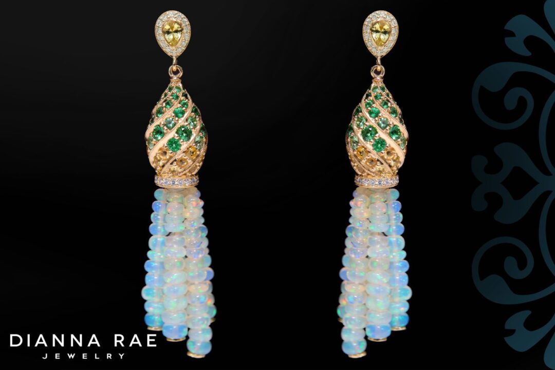 Green To Yellow Fade Minaret Earrings with Ethiopian Opal Tassels