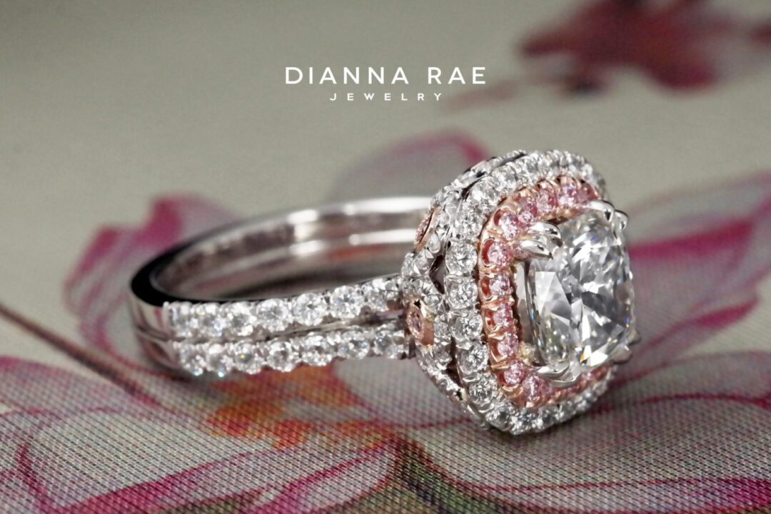 Platinum and Rose Gold Pink Diamond Double Halo ring - Image 2