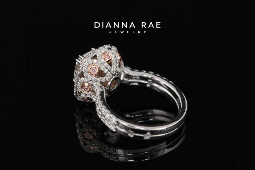 Platinum and Rose Gold Pink Diamond Double Halo ring