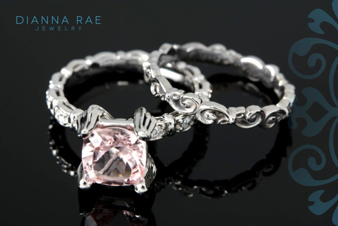 Tulip Morganite Engagement Ring and Scroll Wedding Band
