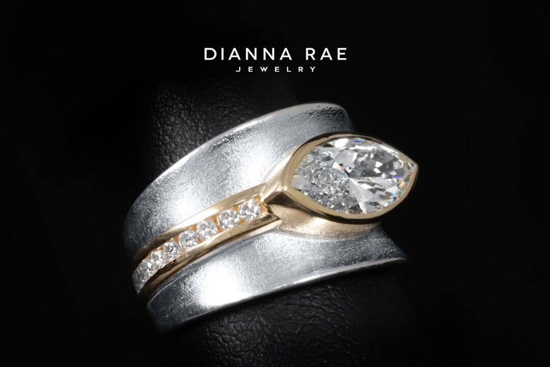 Two-tone White and Yellow Gold Marquise Wide Band Diamond Ring - Image 2