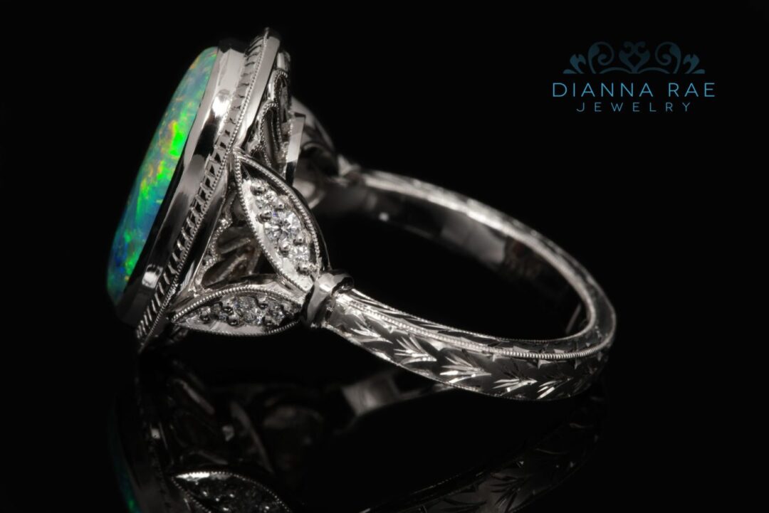 Platinum Oval Opal Ring with Hand Engraving - Image 3